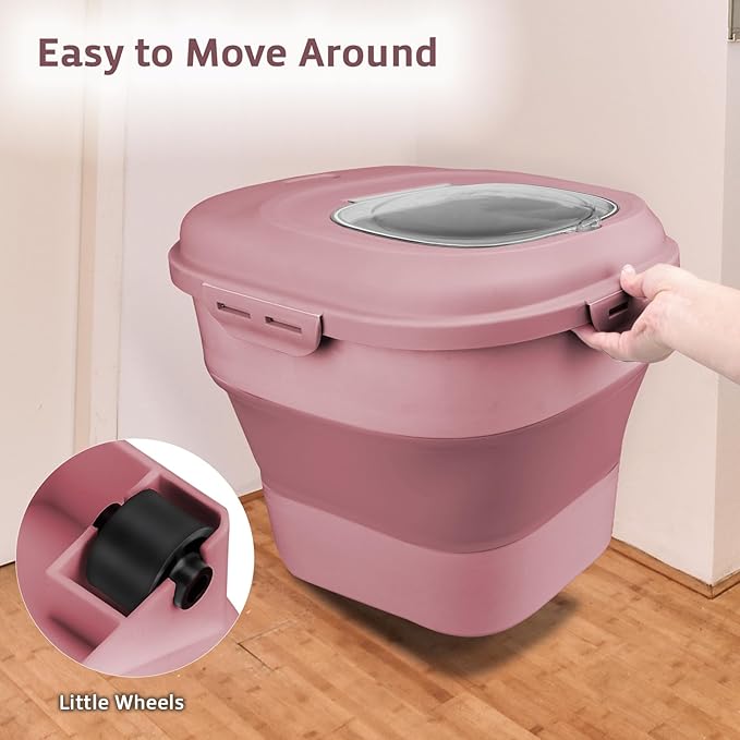 Komzon Rice Storage Bin Cereal Containers, 13-50lb Collapsible Rice Container Dispenser with Transparent Lid, Rolling Wheels, Measuring Cup and Scoop, Airtight Dog Cat Pet Food Storage Container Pink