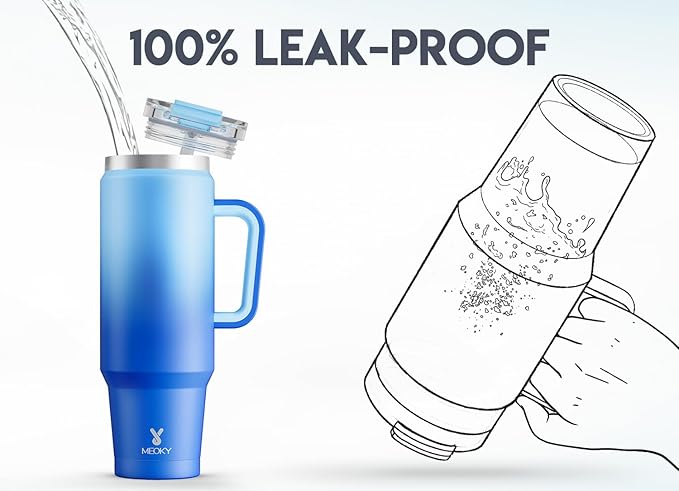 Meoky 40 oz Tumbler with Handle and Straw, Insulated Tumbler with Lid and Straw, Stainless Steel Travel Mug, Keeps Cold for 34 Hours, 100% Leak Proof, Fits in Car Cup Holder (Sky)