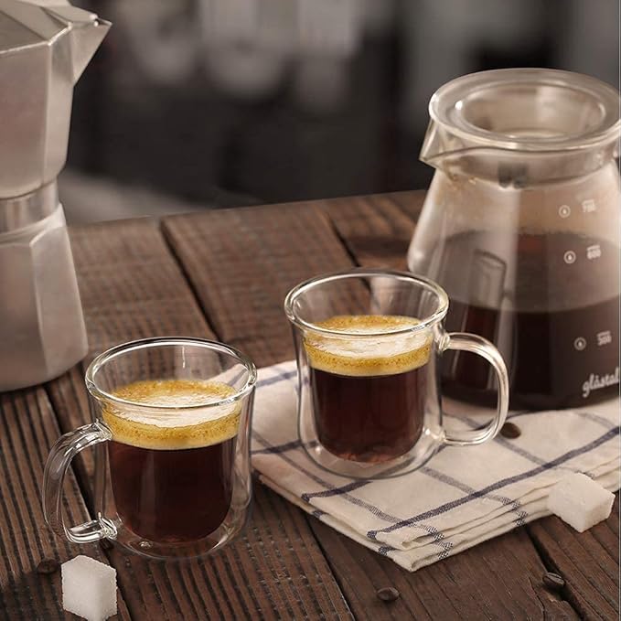 ecooe Espresso Cups 4 Oz Double Walled Glasses Coffee Mugs Set of 2, Clear Glass Coffee Cups with Handle, 120 ml (full capacity) Coffee Mug Borosilicate Double Wall Glass Espresso Coffee Cups