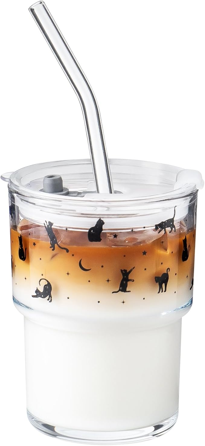Olvini 13oz Glass Tumbler with Straw and Lid, Reusable Iced Coffee Cup Tumbler, Cute Glass Cups for Water, Matcha, Travel Coffee Mugs (Black Cat - 13oz)