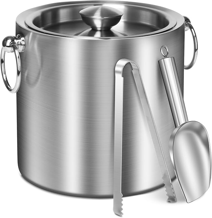 Ice Bucket with Lid & Tong- Well Made Insulated Stainless Steel Keep Ice Frozen Longer - Ideal for Cocktail Bar, Parties, Chilling Wine, Champagne - 3 Liter (Stainless Steel)