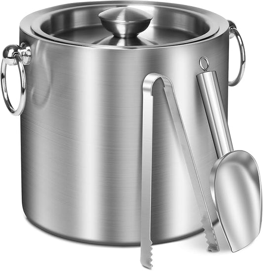 Ice Bucket with Lid & Tong- Well Made Insulated Stainless Steel Keep Ice Frozen Longer - Ideal for Cocktail Bar, Parties, Chilling Wine, Champagne - 3 Liter (Stainless Steel)