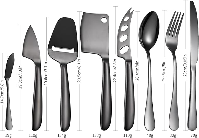 Black Cheese Knives Set with Dinning Knife Fork Spoon8 Pieces Stainless Steel Utensils Multifunctional Kitchen Gadget Baking Cooking Tool