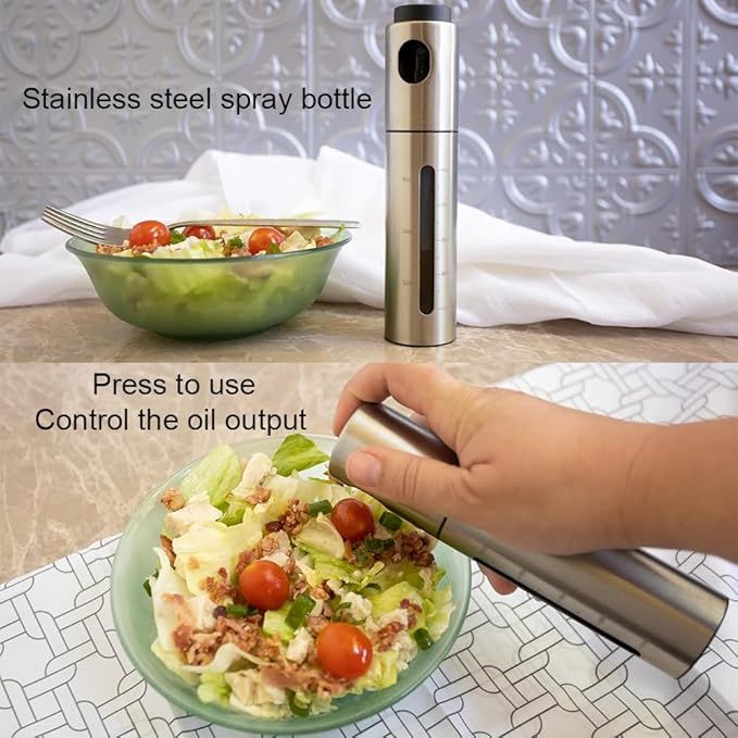 100ml Stainless Steel Olive Oil Sprayer, Multi-Purpose for Cooking, Salads, BBQs, Air Fryers. One-Handed Use. Suitable for Oils, Vinegar, Soy Sauce. Features a Content Window.