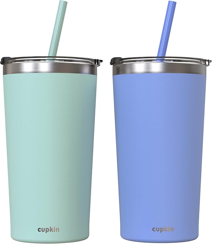 CUPKIN Stainless Steel Insulated Tumbler with Lid and Straw, 20 oz Stainless Steel Cups, Set of 2 Travel Coffee Mug for Adults, Iced Coffee Cup with Lid, Tumbler for Travel (Aqua + Periwinkle)