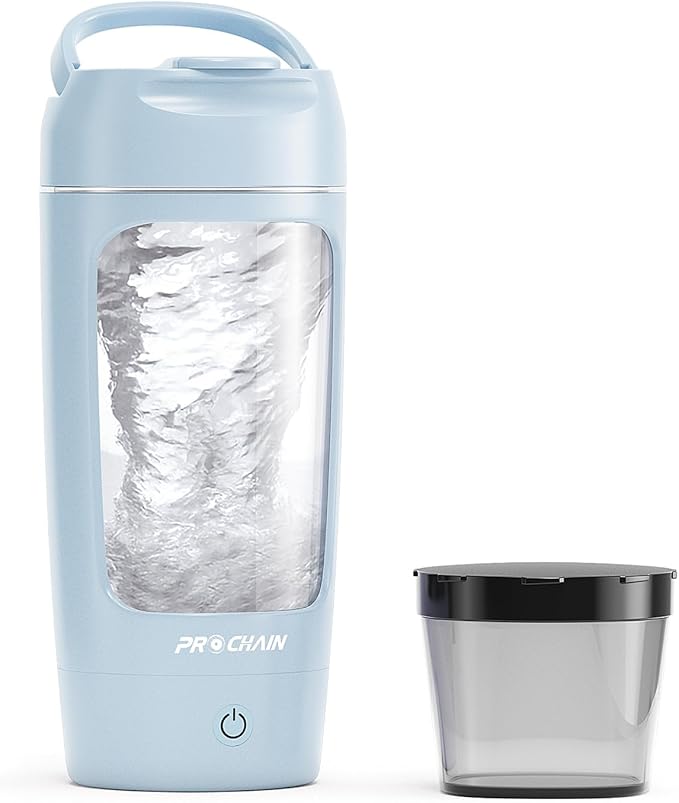 PROCHAIN Electric Protein Shaker Bottle, USB Rechargeable Protein Shakes Mixer, with Powder Storge Cup, Portable Water Drink Bottles for Gym Sport Workout, BPA-Free Tritan, 22oz (Light Blue)