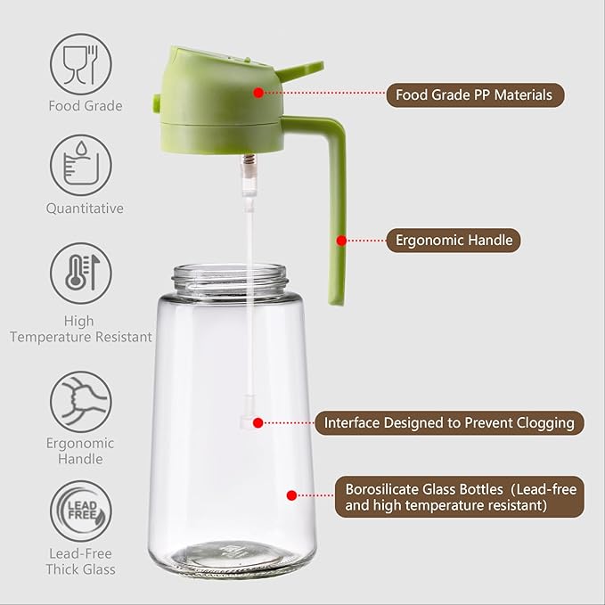 SWEET VIEW 16oz/470ml Oil Dispenser and Oil Sprayer, Glass Olive Oil Pourer for Kitchen, Air Fryer, Cooking, Salad, BBQ(Green)