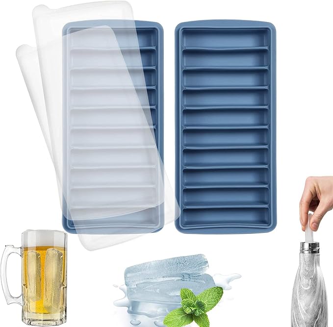 LessMo 2 PCS Ice Cube Tray, Long Ice Stick Tray Silicone with Lid, Rectangular Narrow Stick, Reusable, Flexible, Easy Release, for Small Mouth Sport Bottles, Juice Bottles, Cocktail Parties, Blue