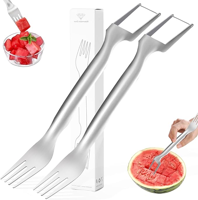 2-in-1 Stainless Steel Watermelon Fork Slicer Cutter - 2PC Double Pack, 2024 Upgrade, Dual Head Fruit Fork Slicer for Effortless Summer Fruit Cutting at Home, Parties, and Camping