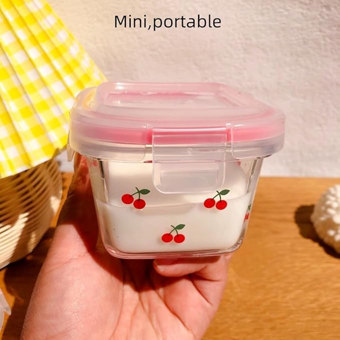 Ivymei 2 Pack Mini Glass Containers with lids,Small Cherry Food Storage Contaiers Glass Food Jars for Food Portion,Fruit,Dipping Sauce,Snack,Yogurt,Leakproof,Microwave Freezer Safe