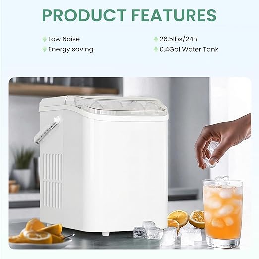 NEWBULIG Ice Makers Countertop with Handle, Portable Ice Machine, 9 Bullet Ice Cubes in 6 Mins, 26lbs in 24Hrs, Auto-Cleaning, with Basket and Scoop, for Home, Kitchen, RV, Camping,Light White