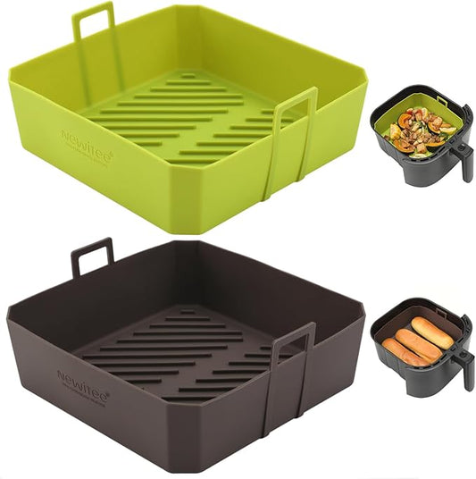 NEWITEE 5QT Air Fryer Silicone Liners for Ninja AF141/AF142 & COSORI CAF-L501, Square Reusable Air Fryer Liners with Handle, 2 Pack BPA Free Platinum Silicone Basket, Upgrade