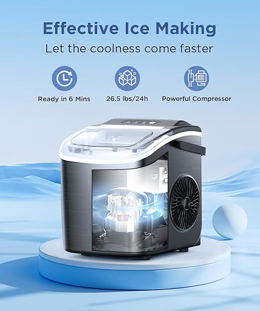 COWSAR Ice Maker Countertop, Portable Ice Machine with Self-Cleaning, 26.5lbs/24Hrs, 9 Bullet Ice Cubes in 6 Mins, Ice Basket and Scoop, Ideal for Home, Kitchen, Bar, Camping