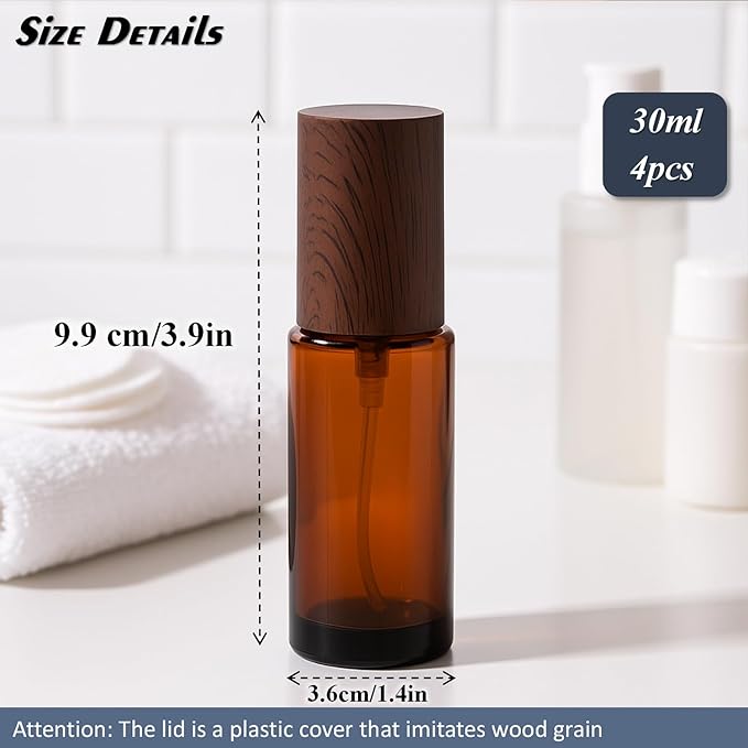 4Pcs 30ml Amber Glass Spray Bottles with Wood Grain Plastic Caps Refillable Fine Mist Atomizer Empty Travel Perfume Bottle for Essential Oils, Skincare, DIY Scents