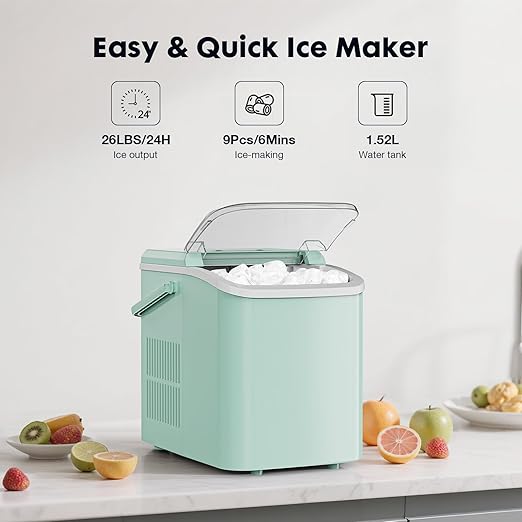 Sweetcrispy Countertop Ice Maker with Scoop, Basket and Handle, Portable Ice Machine 9 Ice Cubes Ready in 6 Mins, 26.5lbs in 24Hrs, 2 Sizes for Home Kitchen Office Bar Party, Green