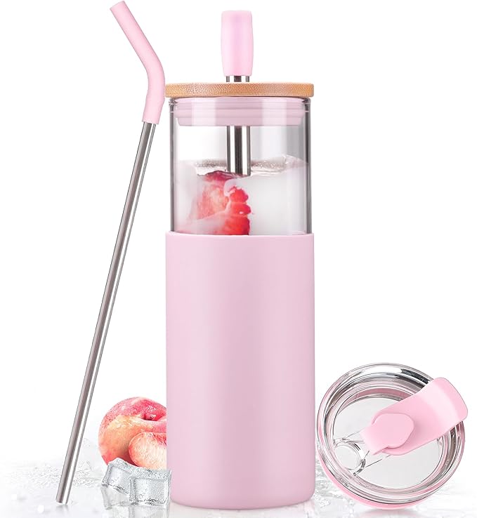 Kodrine 24oz Glass Tumbler with Lids and Straws|Bamboo & On the go Lid|Reusable Ice Coffee Cup with Silicone Sleeve, Glass Coffee Tumbler for Smoothie/Matcha, Dishwasher & BPA Free-Pink