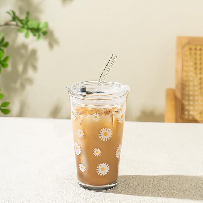 Olvini 15oz Glass Tumbler with Glass Straw and Lid, Cute Iced Coffee Cups, Aesthetic Glass Cups, Coffee Tumbler, Water Cup, Matcha Cup, Drinking Glasses (Daisy)