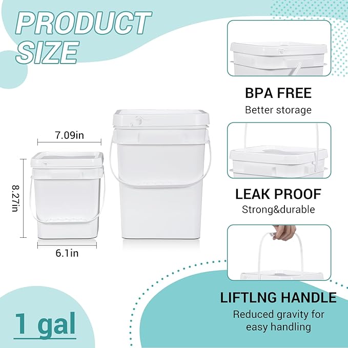 ASEVAT 5 Pcs 4 Liter (1 Gallon) Square Food Grade Bucket with Lid, White Plastic Pail with Handle for Storing Dry Food, Camping, Fishing