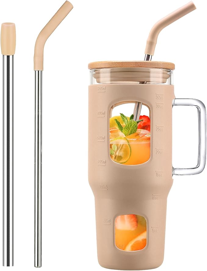 WINSA Glass Tumbler with Lid, 32 oz Glass Cup with Handle, Glass Water Bottles with Time Marker, 2 Straws - Pearl Straw & Silicone Protective Sleeve - Amber