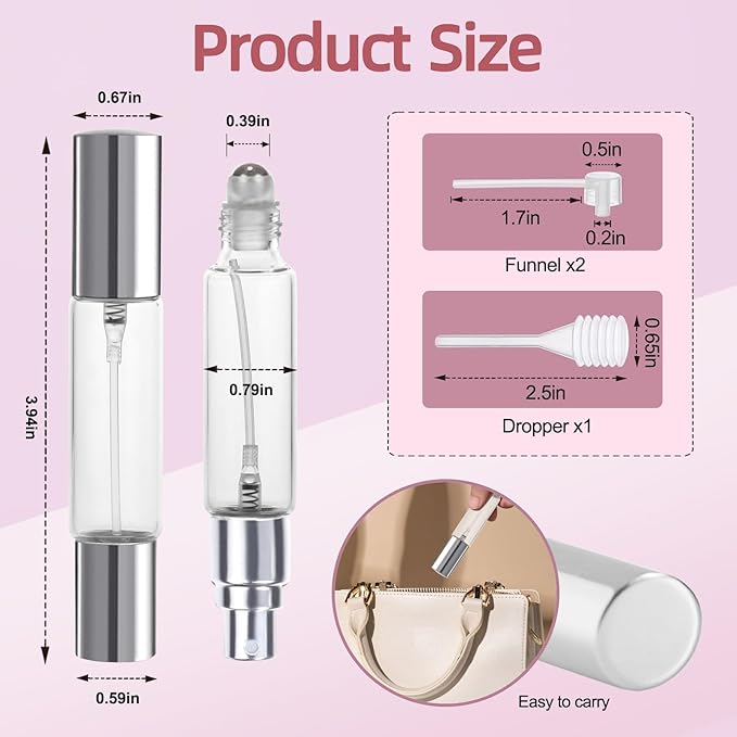 YOCASII 4PCS Dual-Head Travel Perfume Bottle with Spray & Roller Balls for Essential Oils, 10ml Glass Perfume Travel Refillable Bottles and Roll on Bottles for Facial Care with Funnel Tool