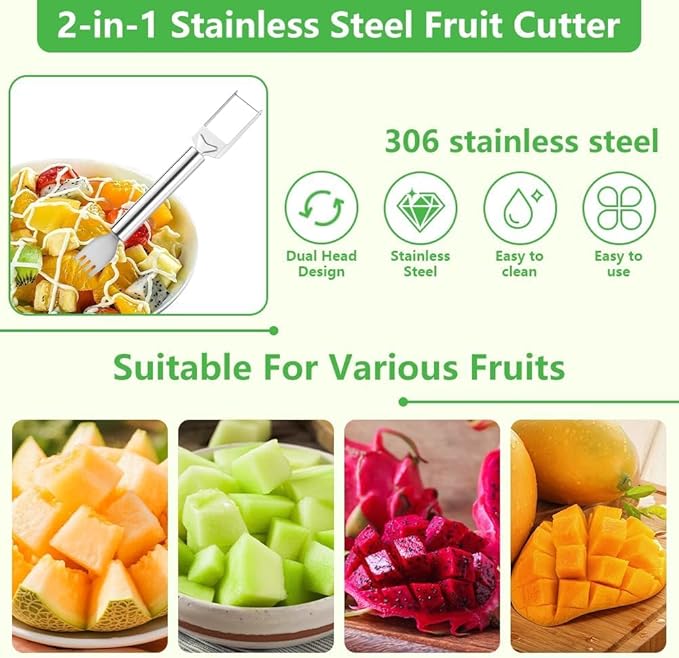 Stainless Steel Fruit Cutter, 2-in-1 Watermelon Slicer and Fork, Dual Head Knife with Round Handle, 4 Pieces, for Kitchen Fruit Cubes