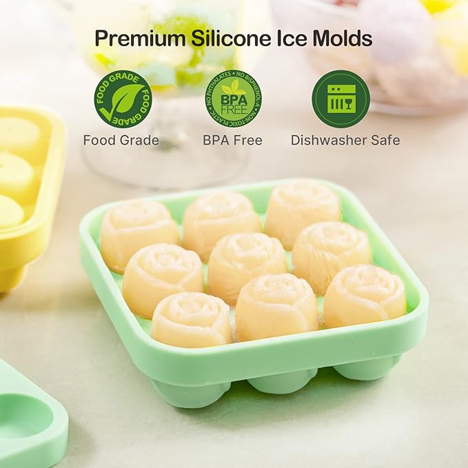 MEETRUE Rose Shaped Ice Cube Tray Silicone Ice Molds Making 9 x 1.2'' Rose Ice Cubes for the Freezer, Novelty Drink Tray for Chilled Cocktails Juice Drink