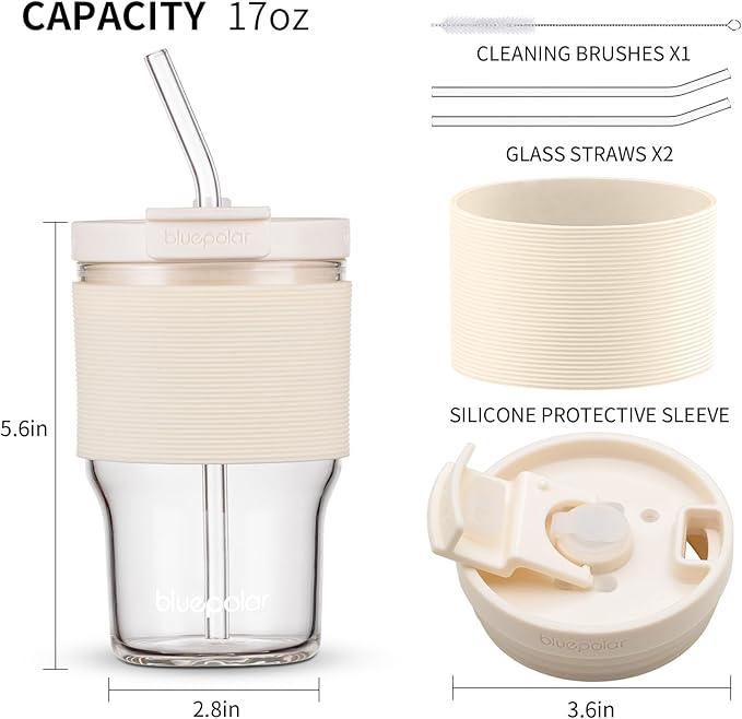 BLUEPOLAR Glass Tumbler Set with Lids and Straws, 17 oz Reusable Cups for Iced Coffee, Cold Brew, Tea, Smoothie (White with Sleeve)