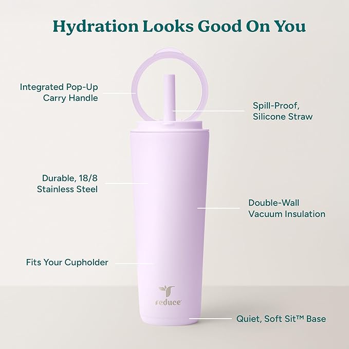 REDUCE Halo 24 oz Stainless Steel Vacuum Insulated Tumbler - Spill Proof Travel Mug with Flip Handle Lid - Keeps Drinks Cold for 32 Hrs - Dishwasher Safe - Cupholder Friendly - Lilac Bud