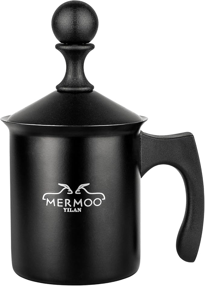 Milk Frother 14oz (400ml) Non electric，Easy to Clean, Can Warm Milk Directly, Also for cold milk, Make Creamer Milk, For Latte, Cappuccinos, Perfect for Camping, Travel, Home (Black)