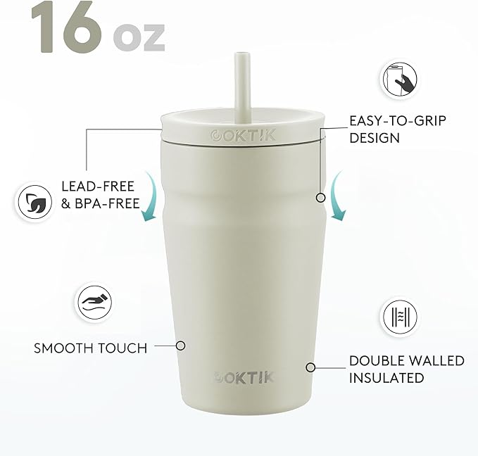 COKTIK 16oz Insulated Tumbler with Lid and Straw Iced Coffee Cup Reusable Stainless Steel Travel Mug Water Bottle Cupholder Friendly for Women Men Her Him (Almond Birch)