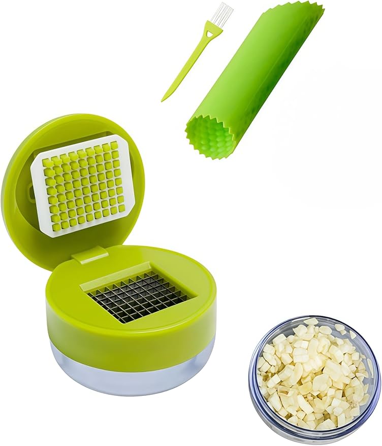 3 Pack Stainless Steel Garlic Press, Garlic Mincer Tool Storage Container, Peeler Skin Cleaning Brush for Home Cooks/Chefs