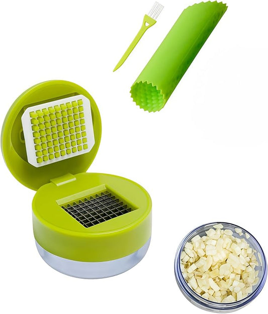 3 Pack Stainless Steel Garlic Press, Garlic Mincer Tool Storage Container, Peeler Skin Cleaning Brush for Home Cooks/Chefs