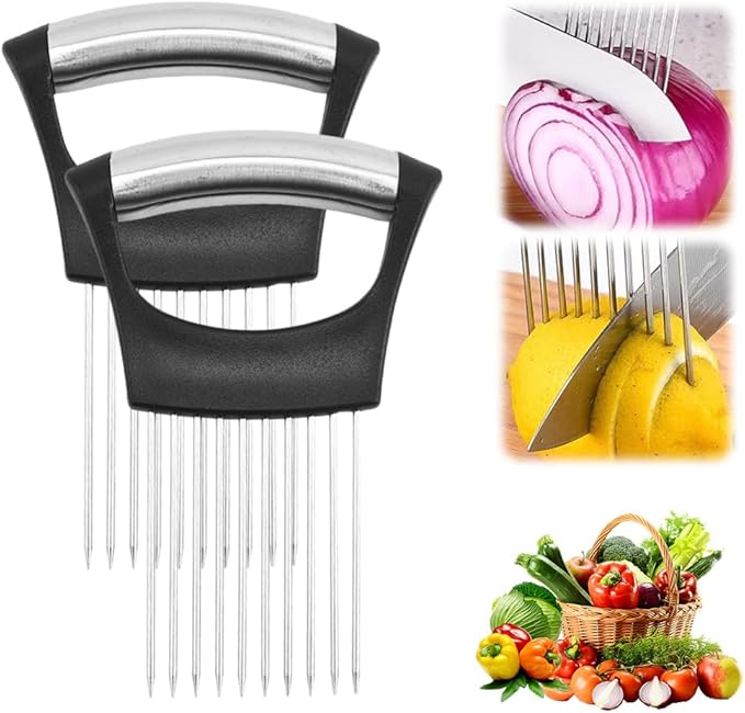 Onion Holder for Slicing, 2025 New Lemon Slicer Onion Cutter, Vegetable Cutter for Onion, Potato, Tomato, Kitchen Chopper Slicing Assistant Tool for Slicing Fruit Lemon and Meat (2pcs)
