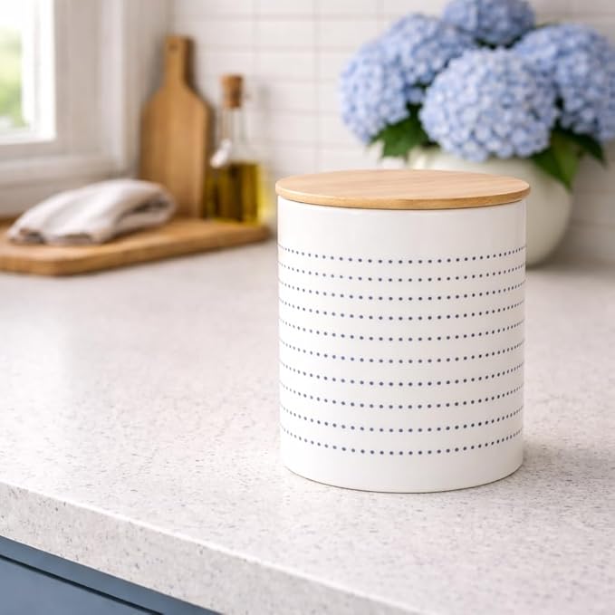 Pearhead Ceramic Dog Treat Jar with Wooden Lid – Container for Dog Biscuits & Training Treats, Airtight Stoneware Pet Snack Storage Canister, Modern Blue Dot Kitchen Countertop Jar