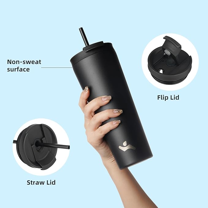 Konokyo 34 OZ Insulated Tumbler with Lid and 2 Straws Stainless Steel Water Bottle Vacuum Travel Mug Coffee Cup,Black