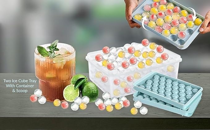 Ice Ball Maker Set 2 Pack with Storage Container, 64 Mini Ice Sphere Molds, Stackable BPA-Free Plastic Trays with Lid for Cocktails, Whiskey, Drinks & Iced Coffee