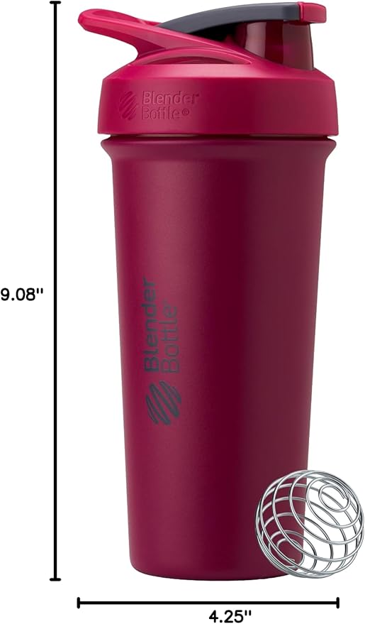 BlenderBottle Sport Sleek Insulated Stainless Steel Shaker Bottle with Wire Whisk, 25-Ounce, Raspberry – Protein Shakes & Hydration for Athletes & Fitness Enthusiasts, Easy Mixing, Lockable Lid