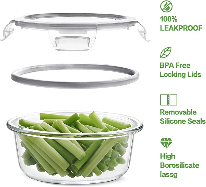 HOMBERKING 24pc Glass Food Storage Containers with Lids, Glass Meal Prep Containers, Airtight Bento Boxes, BPA Free & Leak Proof, Pantry Kitchen Storage(12 lids & 12 Containers) - Gray