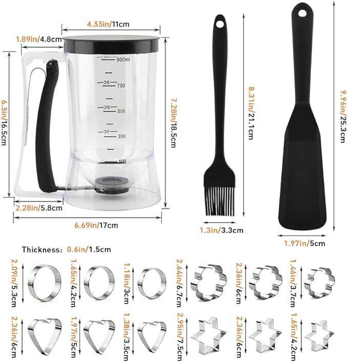 Pancake Batter Dispenser With Squeeze Handle Set, No Mess & Easy Pour, Includes Muffin, Hexagram, Heart and Flower Rings, Pastry Brush and Spatula – Ideal for Pancakes, Waffles and Cupcakes