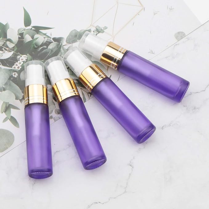 Ellbest 10ml Small Spray Bottles Empty Mist Spray Glass Bottle Mini Perfume Vilas Atomizer Travel Glass Containers for Cosmetics Sample, Cleaning (10 Matte Purple Bottles &5 Droppers &10 Funnels)