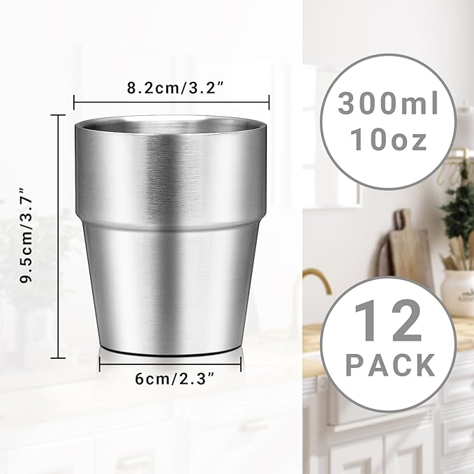 Metal Cup, 10 oz Insulated Tumbler, 12 Pack Double Wall Unbreakable Stackable Water Tumblers Insulated Stainless Steel Cups Premium Drinking Glasses for Travel Camping Home Outdoor