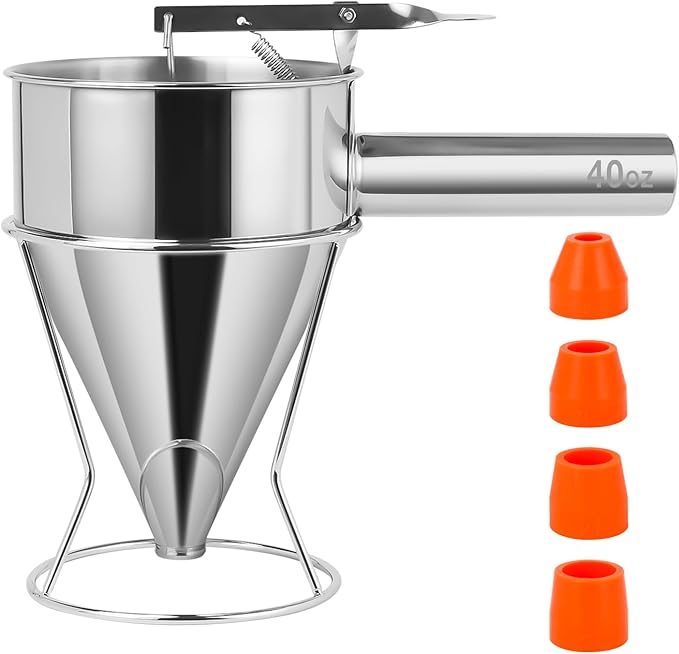 Pancake Batter Dispenser,40oz Stainless Steel Funnel Cake Dispenser with Stand Great for Pancakes Cupcakes Muffins Waffles