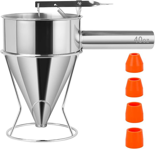 Pancake Batter Dispenser,40oz Stainless Steel Funnel Cake Dispenser with Stand Great for Pancakes Cupcakes Muffins Waffles
