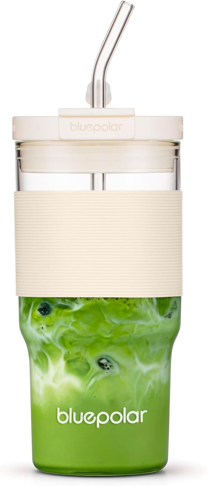 BLUEPOLAR 23oz/680ml Glass Tumbler with Straw and Lid - Leak-Proof Portable Travel Water Glass Cup for Smoothies, Iced Coffee,Matcha and Cold Beverages - Durable and Eco-Friendly (White with Sleeve)