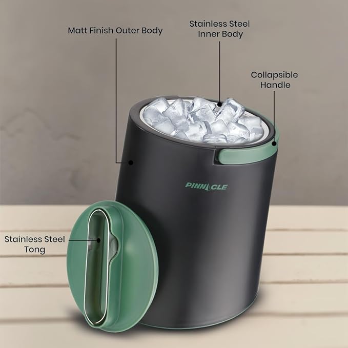 PINNACLE Insulated ice bucket for parties with Tong that fit into Lid - Stainless Steel ice bucket for cocktail bar with Collapsible Handles for indoor/outdoor bar, BPA Free (Green)