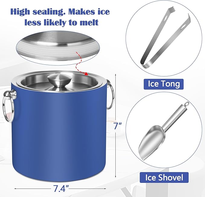 Ice Bucket with Lid & Tong- Well Made Insulated Stainless Steel Keep Ice Frozen Longer - Ideal for Cocktail Bar, Parties, Chilling Wine, Champagne - 3 Liter (Blue)