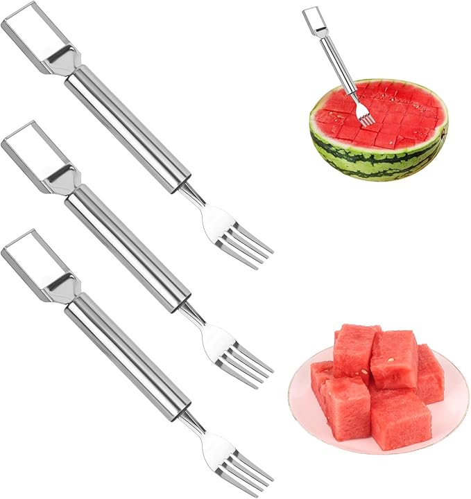 3Pcs Watermelon Cutter, 2025 Summer New 2-in-1 Stainless Steel Fruit Cutter 8.78 in Portable Dual Head Fruit Fork Melon Slicer Cutting Tool Kitchen Gadgets for Camping Picnic Home