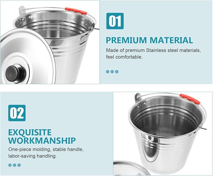 1pc Milk Bucket Multi-Purpose Bucket Multi-Functional Pail Durable Pasture Storage Stainless Steel Round Water Ice with Lid Ranch Milking