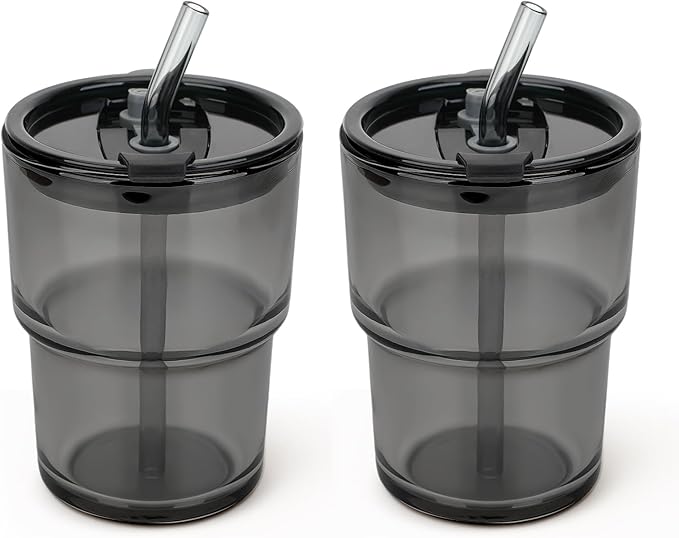 13 oz Glass Tumbler with Glass Straw and Lid, Leak-Proof Reusable Travel Cup for Iced Coffee, Tea, Matcha, Fruit Juice – Thick Wall Clear Water Bottle (Gray, 2 Pack)