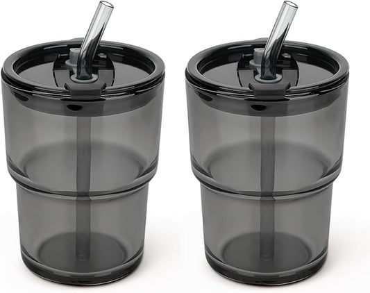13 oz Glass Tumbler with Glass Straw and Lid, Leak-Proof Reusable Travel Cup for Iced Coffee, Tea, Matcha, Fruit Juice – Thick Wall Clear Water Bottle (Gray, 2 Pack)